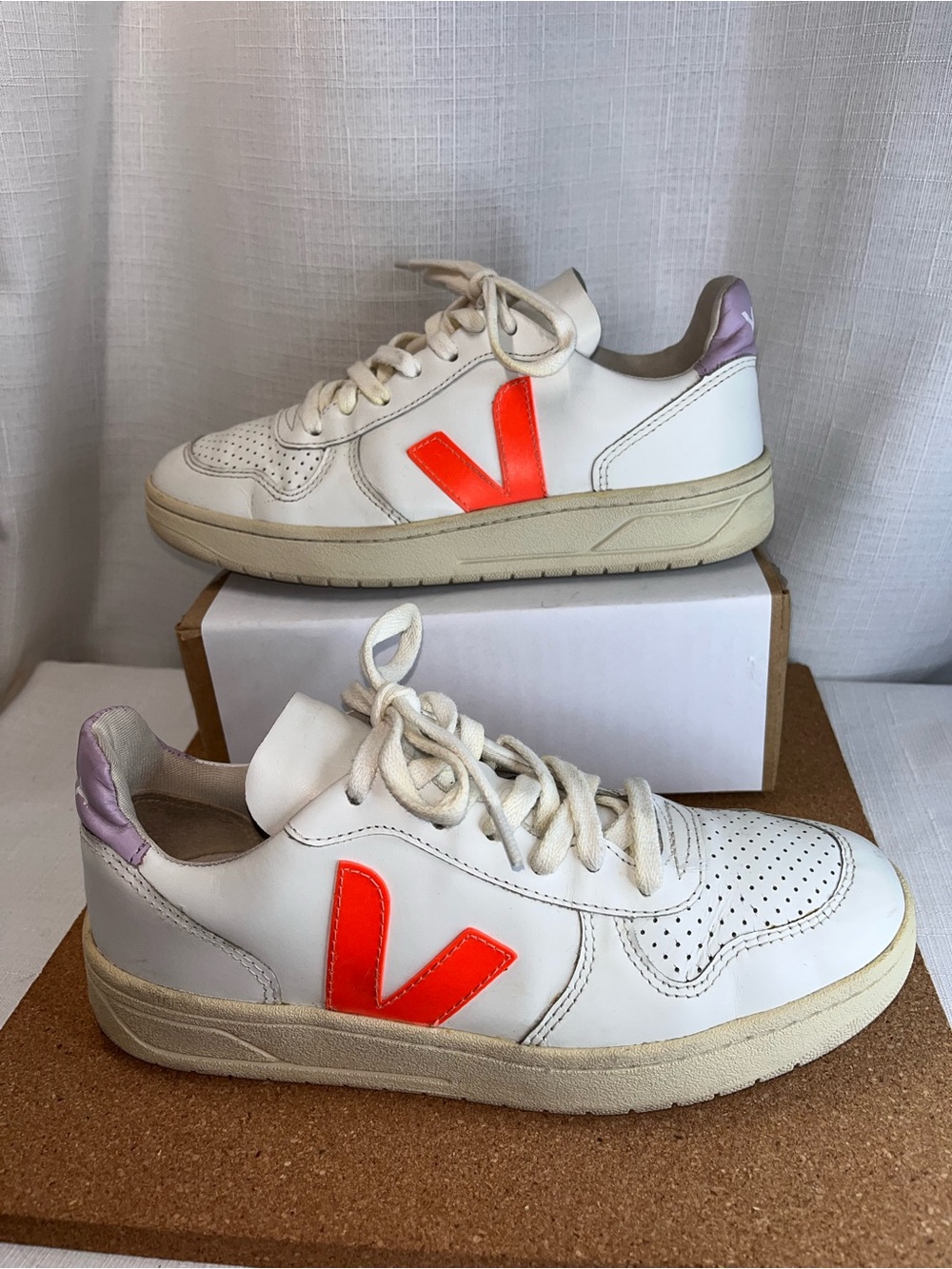 VEJA x Madewell V-10 Leather Sneakers White Lilac Neon Orange Sz 7